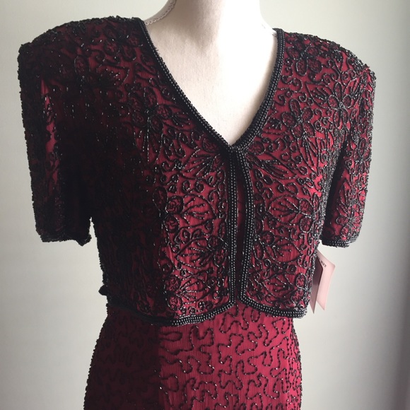 Riva Designs NWT Vintage Silk Evening Gown w Hand-Beading, Short Sleeve, V-Neck - Picture 3 of 8